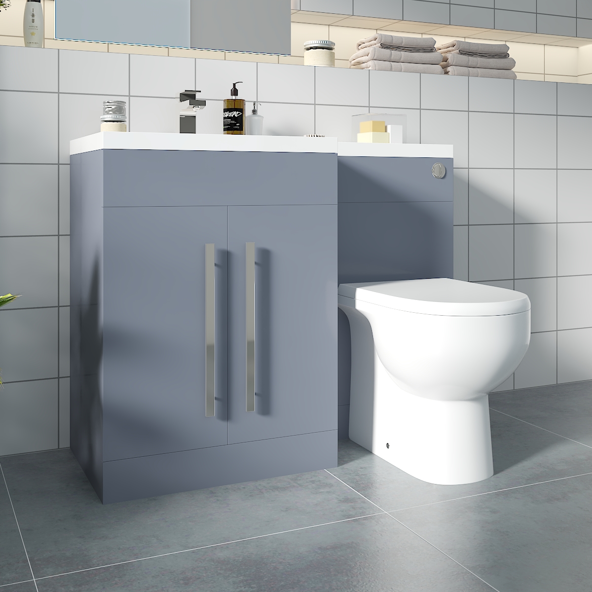 Calm Gloss Grey Left Hand Combination Vanity Unit Basin L Shape with Back to Wall RAK Tonique Toilet & Soft Close Seat & Concealed Cistern - 1100mm