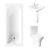 Essentials 1500 x 700mm Straight Bath Single Ended Bathroom Suite with RAK-Resort Mini Close Coupled Open Back Rimless Toilet and 550mm Full Pedestal Basin-With Front Bath Panel