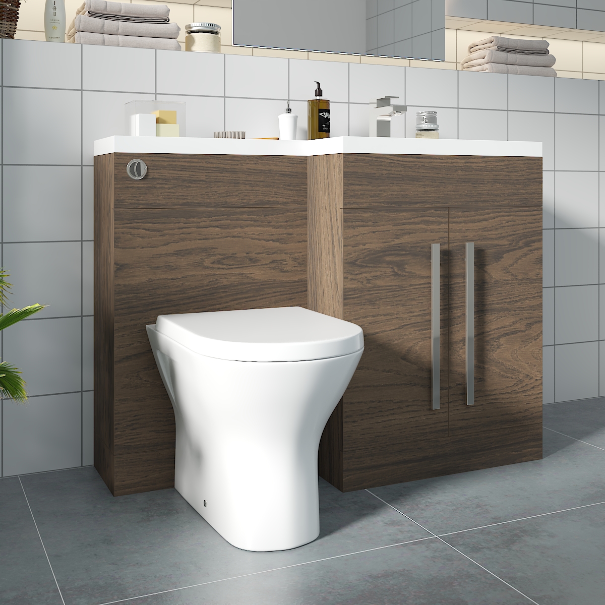Calm Walnut Right Hand Combination Vanity Unit with Rak-Resort Toilet & Soft Close Seat & Concealed Cistern - 1100mm