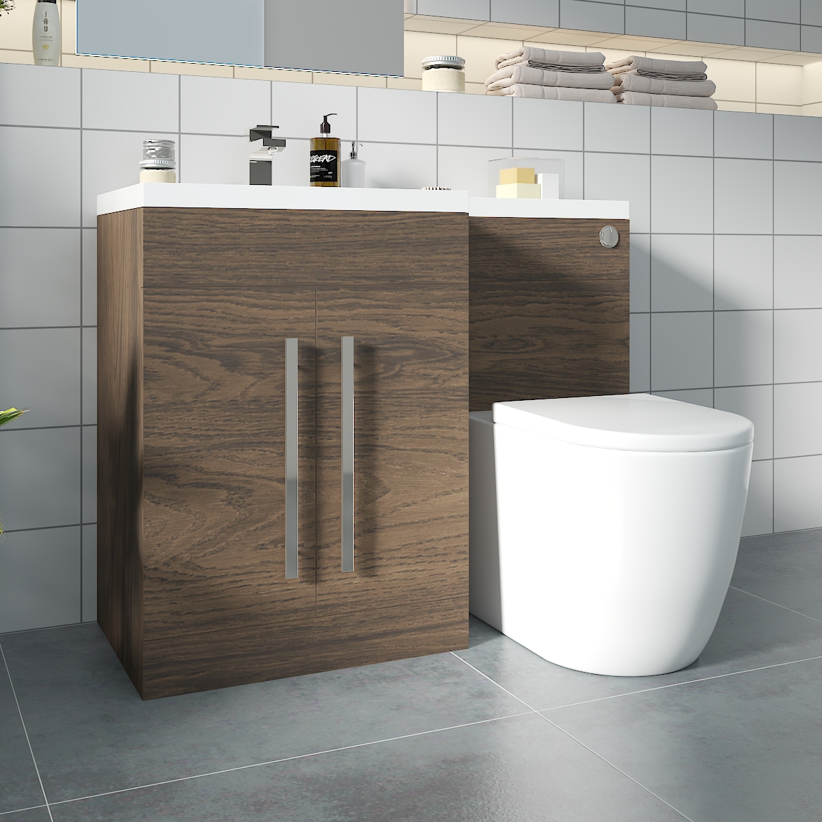 Calm Walnut Left Hand Combination Vanity Unit Basin L Shape with Back to Wall Cordoba Toilet & Soft Close Seat & Concealed Cistern - 1100mm