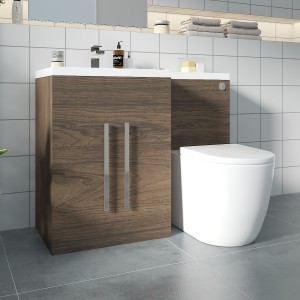 Calm Walnut Left Hand Combination Vanity Unit Basin L Shape with Back to Wall Cordoba Toilet & Soft Close Seat & Concealed Cistern - 1100mm