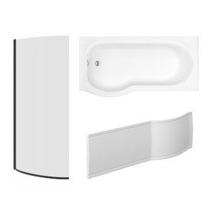 Pendle 1675mm P Shape Shower Bath Left Hand with Front Panel and Matt Black Bath Screen