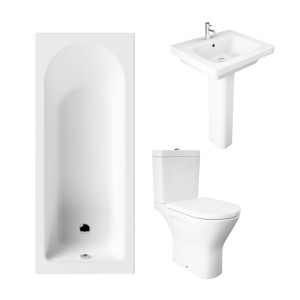 Essentials 1500 x 700mm Straight Bath Single Ended Bathroom Suite with RAK-Resort Maxi Close Coupled Open Back Rimless Toilet and 550mm Full Pedestal Basin