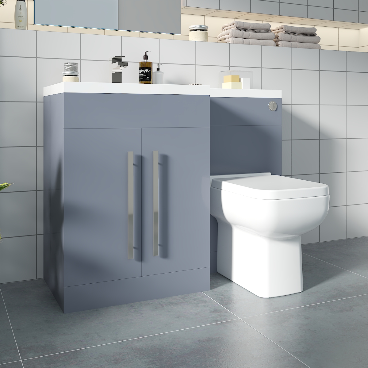 Calm Gloss Grey Left Hand Combination Vanity Unit Basin L Shape with Back to Wall Feel 600 Toilet & Soft Close Seat & Concealed Cistern - 1100mm