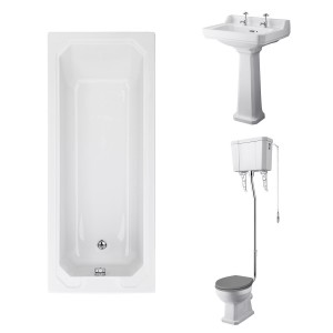 Wellington High Level Comfort Height Toilet with Grey Seat & 600mm 2 Tap Hole Basin with 1700 x 700mm Traditional Straight Bath Single Ended
