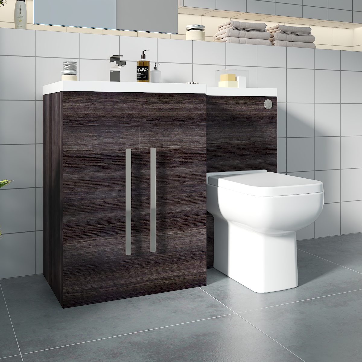 Calm Grey Left Hand Combination Vanity Unit Basin L Shape with Back to Wall Feel 600 Toilet & Soft Close Seat & Concealed Cistern - 1100mm