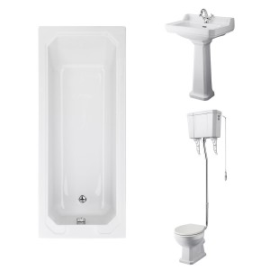 Wellington High Level Toilet with Sand Seat & 600mm 1 Tap Hole Basin with 1700 x 700mm Traditional Straight Bath Single Ended