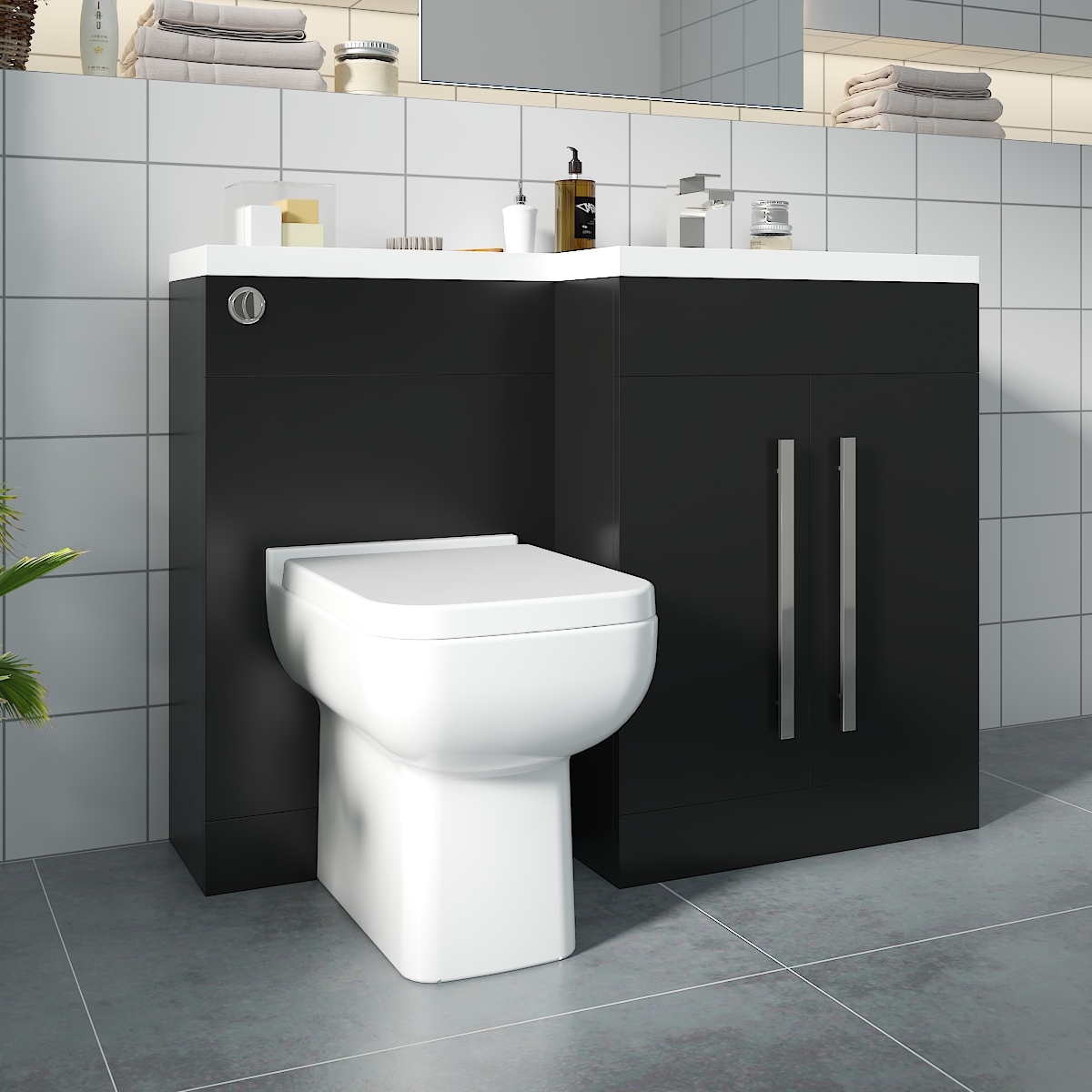 Calm Matt Black Right Hand Combination Vanity Unit Basin L Shape with Back to Wall Feel 600 Toilet & Soft Close Seat & Concealed Cistern - 1100mm