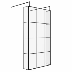 Wasdale 1100mm Black Grid Walk Through Wet Room Screen with 215mm Hinged Return Screens & L- Shape Support Arms
