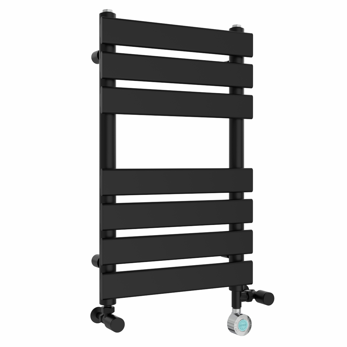 Juva 650 x 400mm Dual Fuel Satin Black Flat Panel Thermostatic Touch Control Wifi Electric Heated Towel Rail