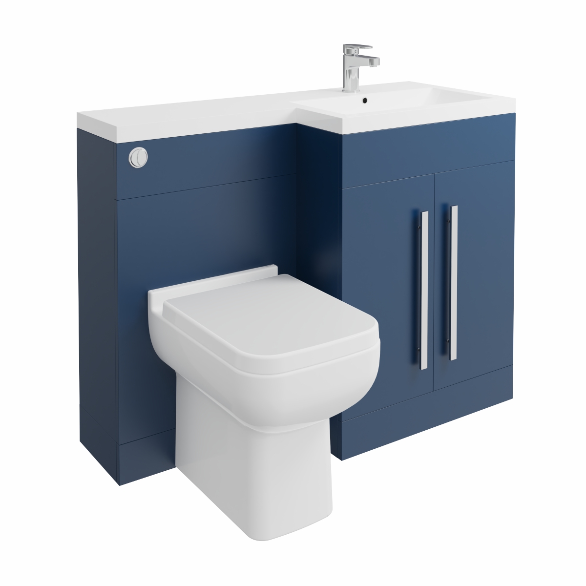 Calm Matt Blue Right Hand Combination Vanity Unit Basin L Shape with Back to Wall Feel 600 Toilet & Soft Close Seat & Concealed Cistern - 1100mm