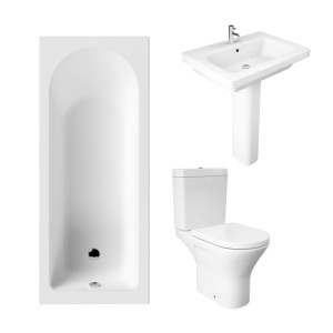 Essentials 1500 x 700mm Straight Bath Single Ended Bathroom Suite with RAK-Resort Mini Close Coupled Open Back Rimless Toilet and 650mm Full Pedestal Basin