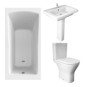 RAK Resort Maxi Open Back Toilet with 650mm Basin Modern Bathroom Suite and Single Ended Bath with Front Panel - 1400 x 700mm