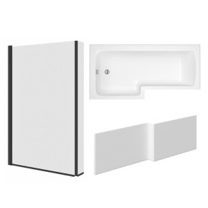 Leyland 1500mm L Shape Shower Bath Left Hand with Front Panel and Matt Black L Shape Bath Screen