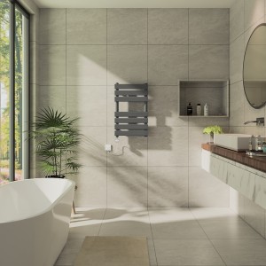 Juva 650 x 400mm Sand Grey Flat Panel Thermostatic Touch Control Electric Heated Towel Rail