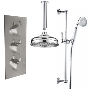 Melrose Traditional Chrome Triple Round Handle Concealed Valve Built in Diverter with 200mm Traditional Shower Head, Riser Rail and Ceiling Arm (3 Outlet)