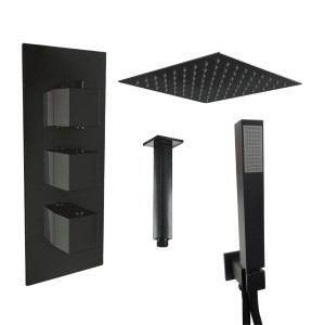 Beauly Matt Black Triple Square Handle Concealed Valve with 300mm Square Shower Head, Ceiling Arm and Hand Shower (2 Outlet)