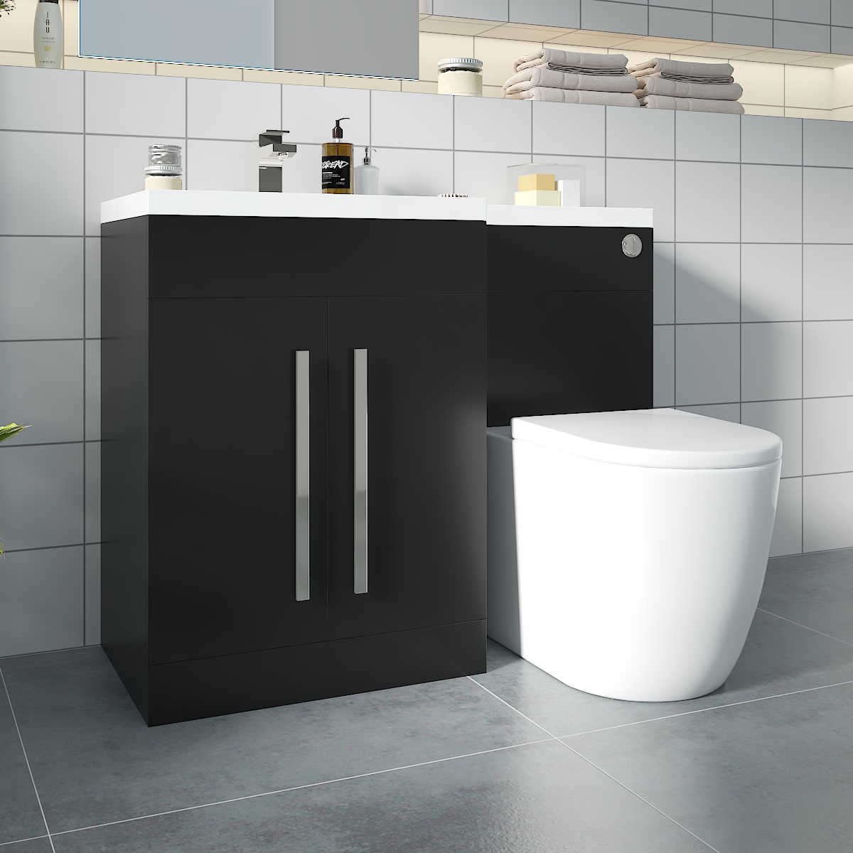 Calm Matt Black Left Hand Combination Vanity Unit Basin L Shape with Back to Wall Cordoba Toilet & Soft Close Seat & Concealed Cistern - 1100mm