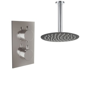 Thurso Chrome Twin Round Handle Concealed Valve with 300mm Round Shower Head and Ceiling Arm (1 Outlet)