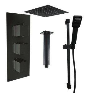 Beauly Matt Black Triple Square Handle Concealed Valve with 300mm Square Shower Head, Ceiling Arm and Riser Rail (2 Outlet)