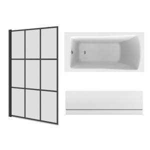 Sawley 1400 x 700mm Straight Bath Single Ended with Front Panel and Square Black Grid Bath Screen
