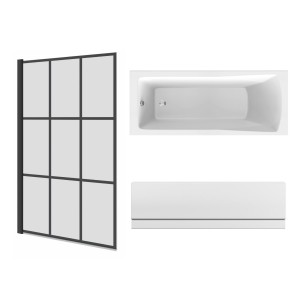 Sawley 1700 x 700mm Straight Bath Single Ended with Front Panel and Square Black Grid Bath Screen