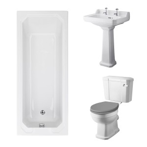 Wellington Close Coupled Comfort Height Toilet with Grey Seat & 600mm 2 Tap Hole Basin with 1700 x 700mm Traditional Straight Bath Single Ended