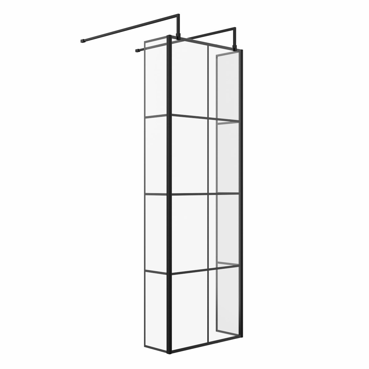 Wasdale 700mm Black Grid Walk Through Wet Room Screen with 215mm Hinged Return Screens & L- Shape Support Arms