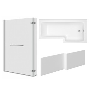 Leyland 1500mm L Shape Shower Bath Right Hand with Front Panel and Chrome L Shape Bath Screen with Hinged Return and Towel Rail