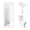 Essentials 1500 x 700mm Straight Bath Single Ended Bathroom Suite with RAK-Resort Mini Close Coupled Closed Back Rimless Toilet and 550mm Full Pedestal Basin-With Front Bath Panel