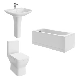 Feel Curved Modern Bathroom Suite with Close Coupled Toilet and Essential Single Ended Bath 1600 x 700mm - Front & End Bath Panel Included