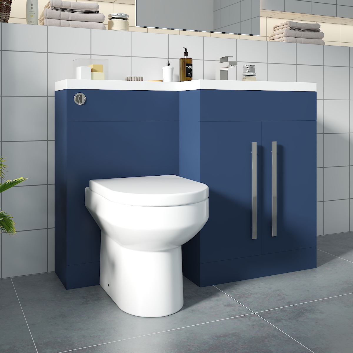Calm Matt Blue Right Hand Combination Vanity Unit Basin L Shape with Back to Wall Calgary Toilet & Soft Close Seat & Concealed Cistern - 1100mm