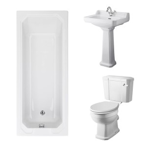 Wellington Close Coupled Comfort Height Toilet with White Seat & 560mm 1 Tap Hole Basin with 1700 x 700mm Traditional Straight Bath Single Ended