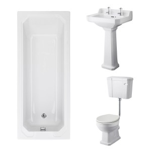 Wellington Low Level Comfort Height Toilet with Sand Seat & 560mm 2 Tap Hole Basin with 1700 x 700mm Traditional Straight Bath Single Ended