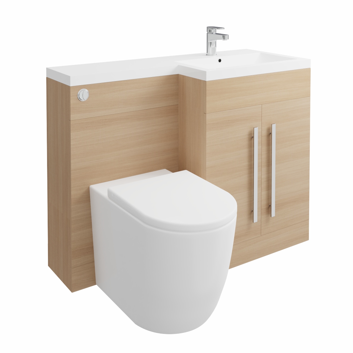 Calm Light Oak Right Hand Combination Vanity Unit Basin L Shape with Back to Wall Cordoba Toilet & Soft Close Seat & Concealed Cistern - 1100mm