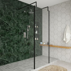 Wasdale 760mm Black Walk Through Wet Room Screen with 215mm Hinged Return Screens & L- Shape Support Arms