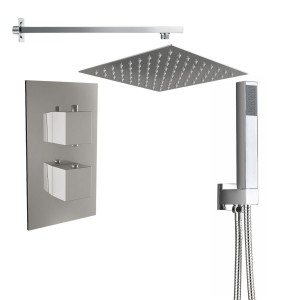 Beauly Chrome Twin Square Handle Concealed Valve Built in Diverter with 400mm Square Shower Head and Hand Shower (2 Outlet)
