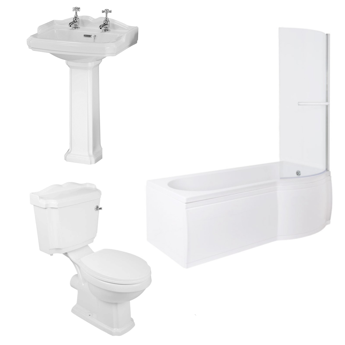 Abbey Traditional Bathroom Suite with P-Shape Shower Bath - Choice of Sizes