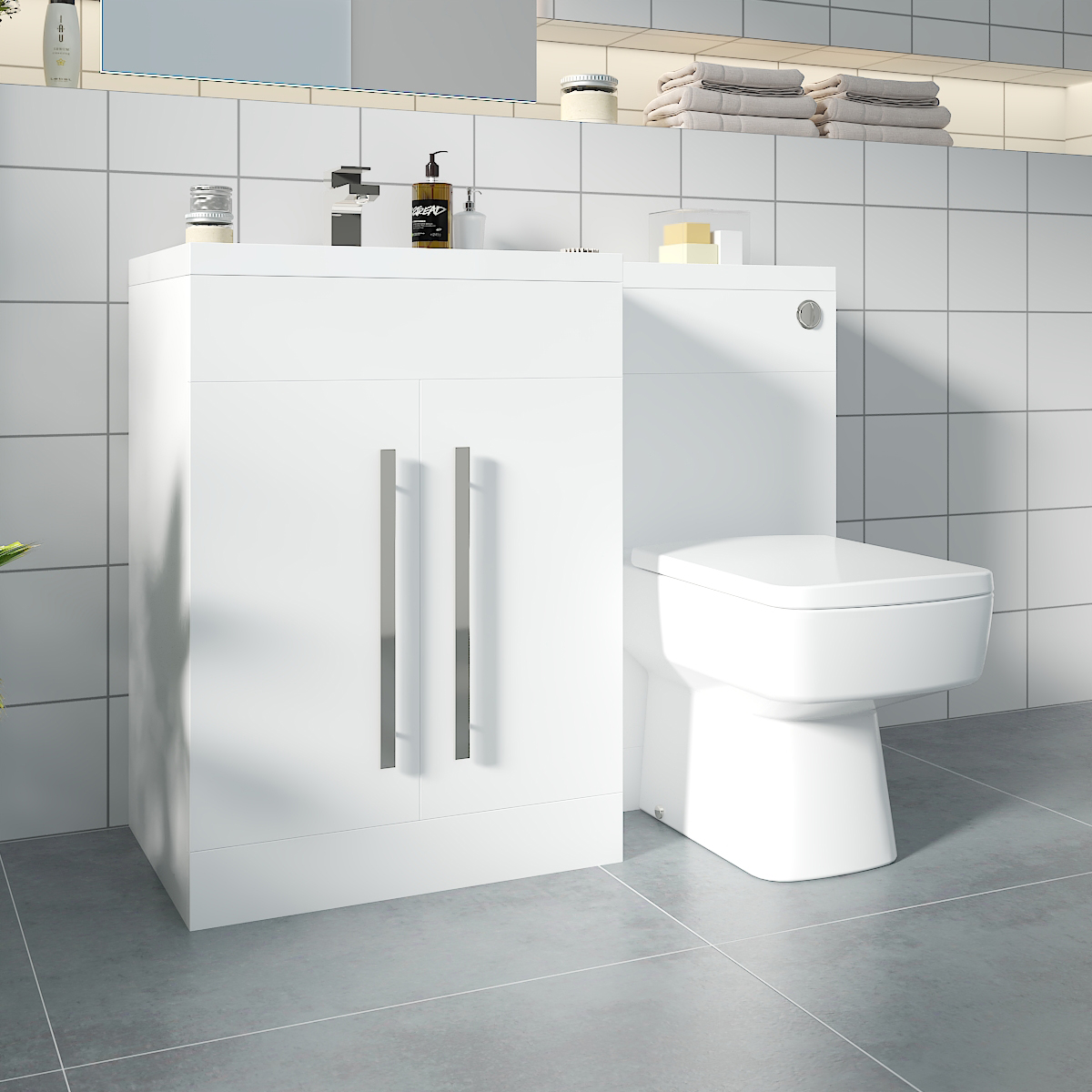 Calm White Left Hand Combination Vanity Unit Basin L Shape with Back to Wall Boston Toilet & Soft Close Seat & Concealed Cistern - 1100mm
