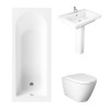 Essentials 1600 x 700mm Straight Bath Single Ended Bathroom Suite with RAK-Resort Wall Hung Toilet and 650mm Full Pedestal Basin-With Front Bath Panel