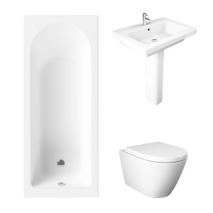 Essentials 1600 x 700mm Straight Bath Single Ended Bathroom Suite with RAK-Resort Wall Hung Toilet and 650mm Full Pedestal Basin-With Front Bath Panel