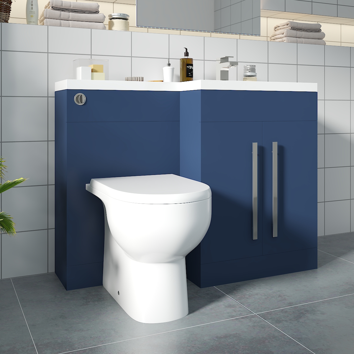 Calm Matt Blue Right Hand Combination Vanity Unit Basin L Shape with Back to Wall RAK Tonique Toilet & Soft Close Seat & Concealed Cistern - 1100mm