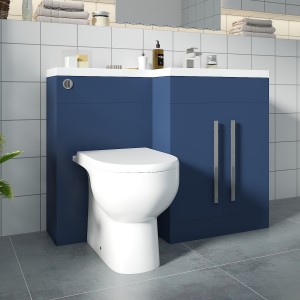 Calm Matt Blue Right Hand Combination Vanity Unit Basin L Shape with Back to Wall RAK Tonique Toilet & Soft Close Seat & Concealed Cistern - 1100mm