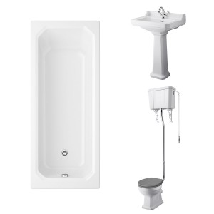 Wellington High Level Toilet with Grey Seat & 600mm 1 Tap Hole Basin with 1700 x 750mm Traditional Straight Bath Single Ended