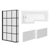 Leyland 1500mm L Shape Shower Bath Left Hand with Front Panel and Matt Black Grid L Shape Bath Screen