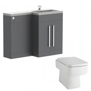 Calm Gloss Grey Right Hand Combination Vanity Unit Basin L Shape with Back to Wall Boston Toilet &amp; Soft Close Seat &amp; Concealed Cistern - 1100mm