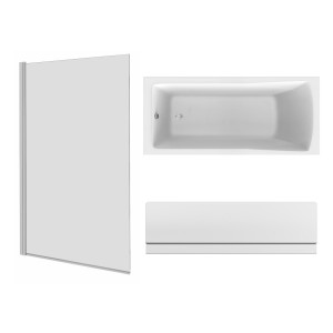 Sawley 1800 x 800mm Straight Bath Single Ended with Front Panel and Square Chrome Bath Screen