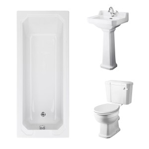 Wellington Close Coupled Toilet with White Seat & 500mm 1 Tap Hole Basin with 1700 x 700mm Traditional Straight Bath Single Ended
