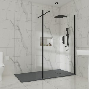 Wasdale 1000mm Wet Room Screen with 200mm Hinged Wet Room Return Screen - Black