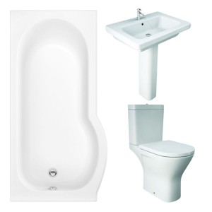 RAK Resort Maxi Open Back Toilet with 650mm Basin Modern Bathroom Suite with P-Shape Shower Bath and Front Panel - Left Hand - 1500mm